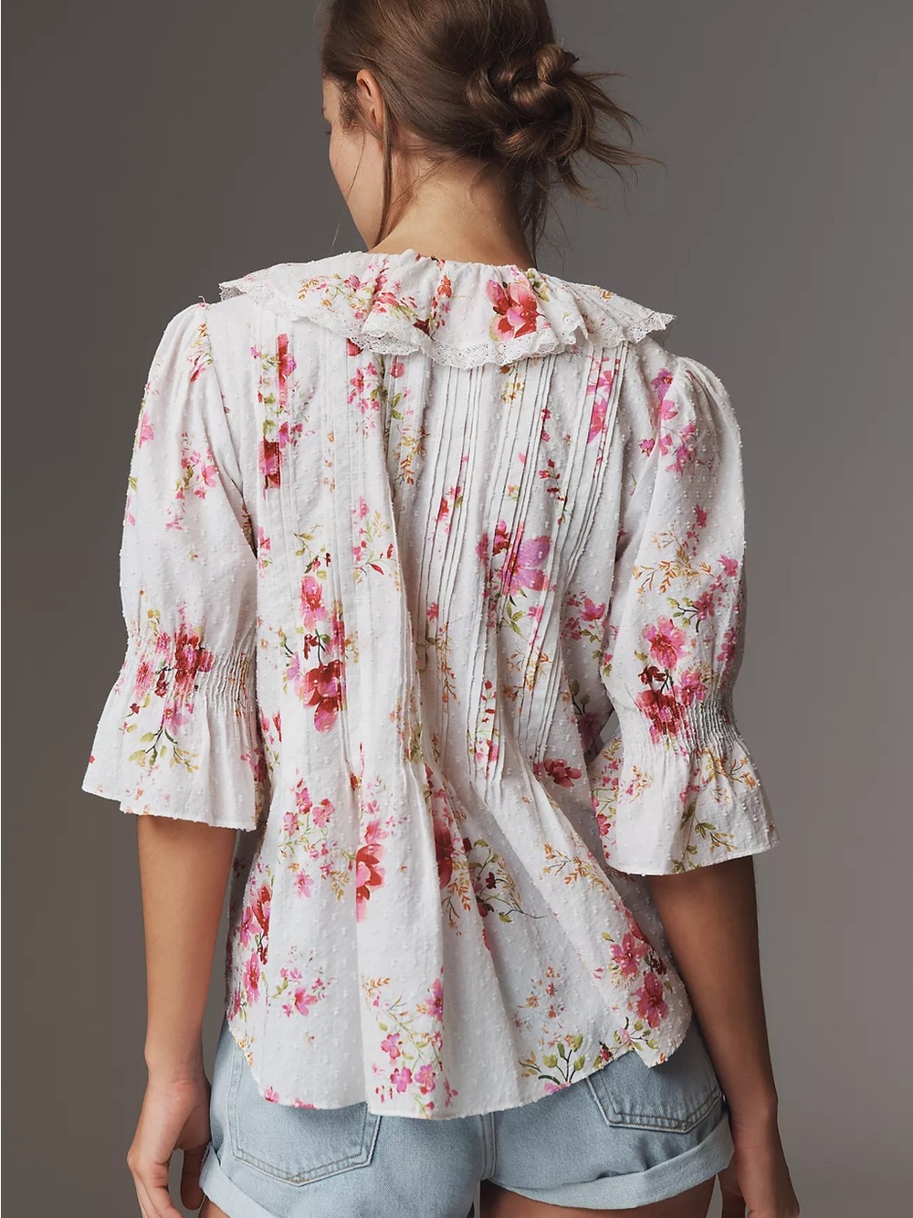 Anthropologie White Floral Ruffle V-Neck Peplum Blouse - Picture 4 of 8